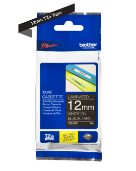 Brother TZe-335 Labelling Tape – White on Black, 12mm wide